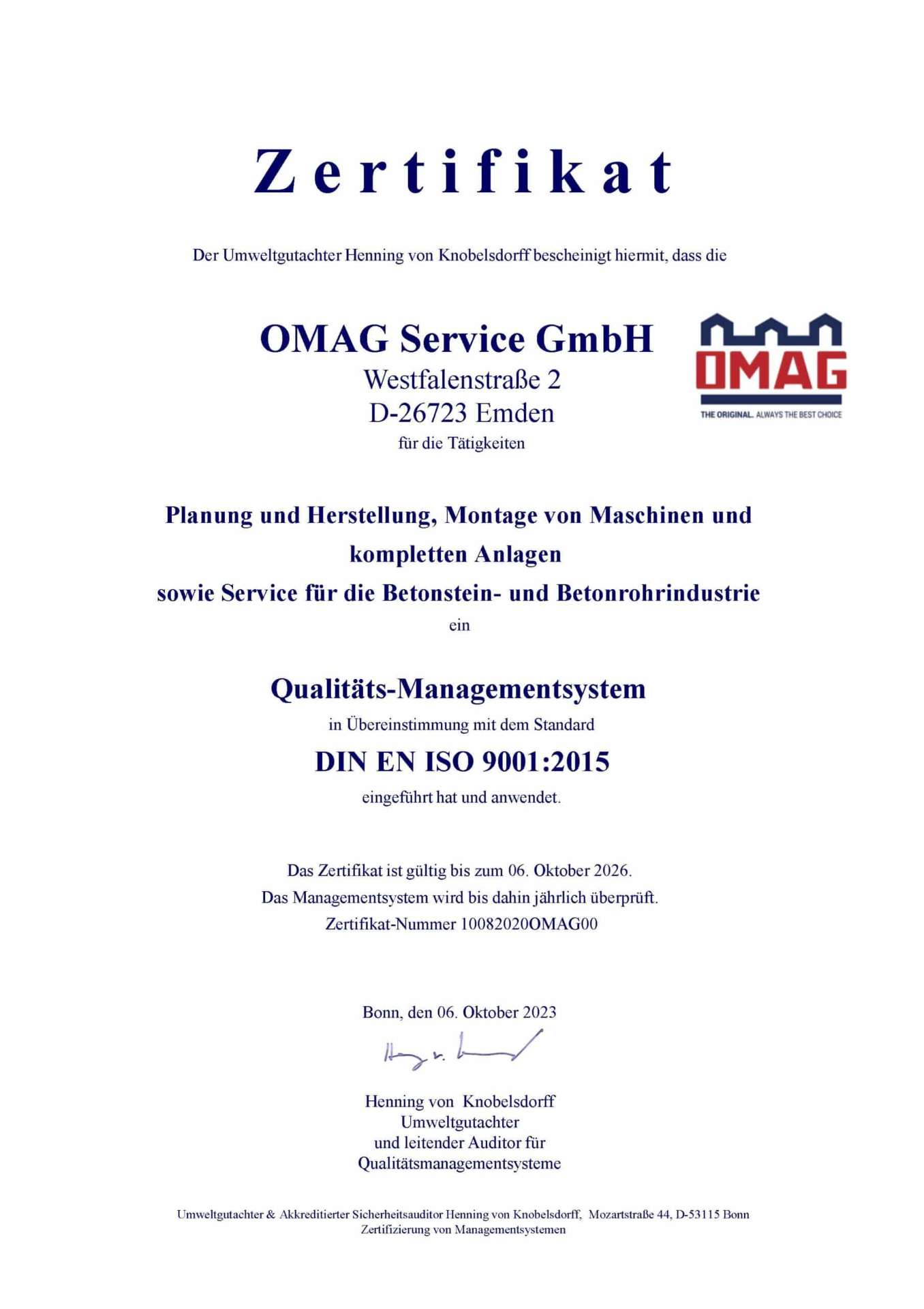 DIN EN ISO 9001:2015 Zertifikat OMAG Service GmbH